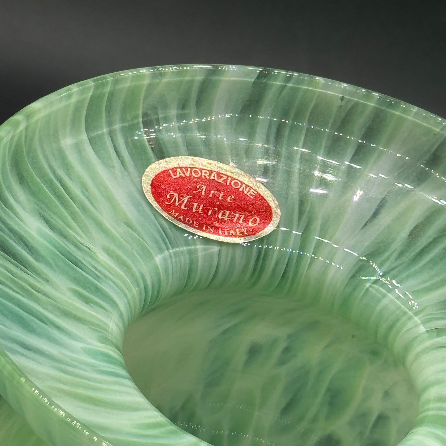 Stunning Green & White Arte Murano Italy Vase with Original Label