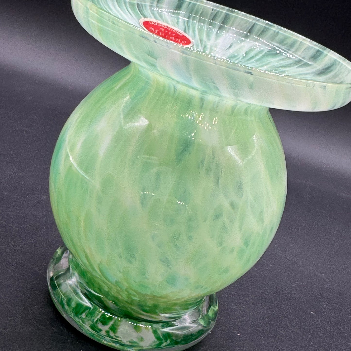 Stunning Green & White Arte Murano Italy Vase with Original Label
