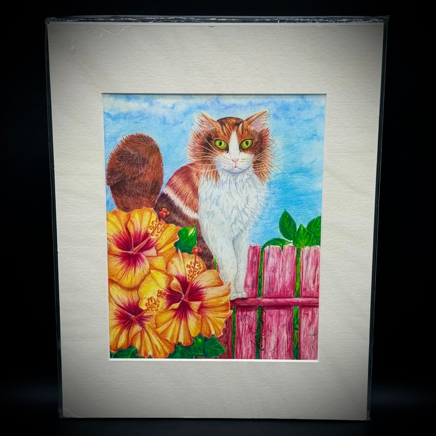 Hand Signed Original Colorful Cat Drawing