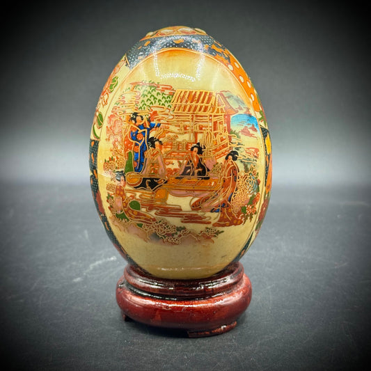 Vintage Satsuma Japan Geisha Motif Egg on Stand