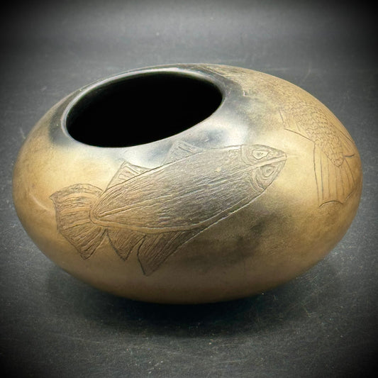 Hand Carved Smoke Fired Southwest Native American Artist Signed Seed Pot