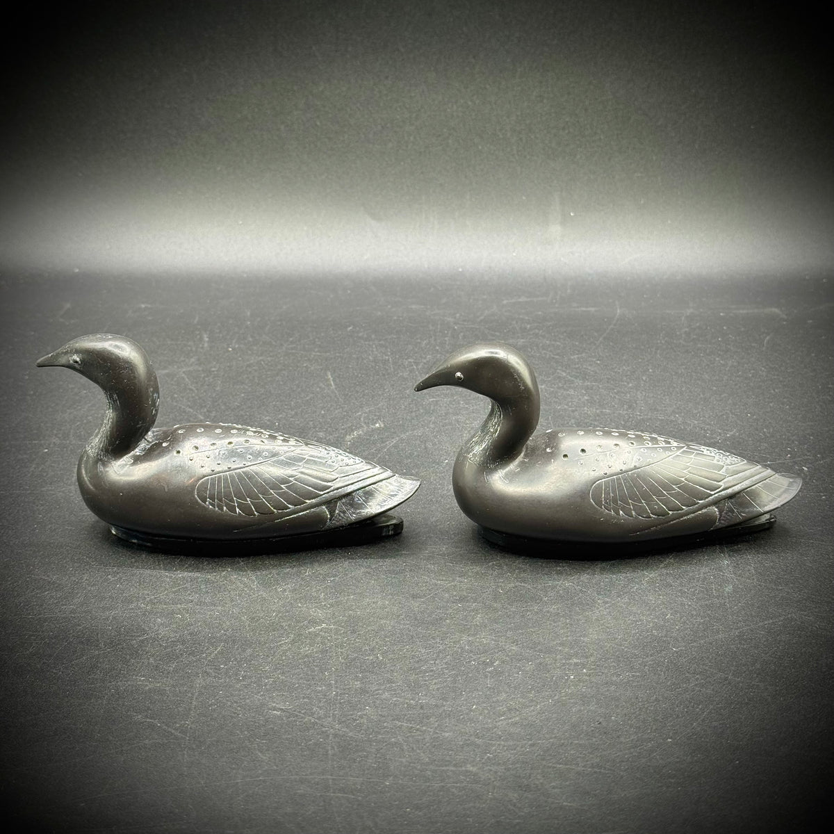Pair of Native Folk Art Carved Pearlite Loons