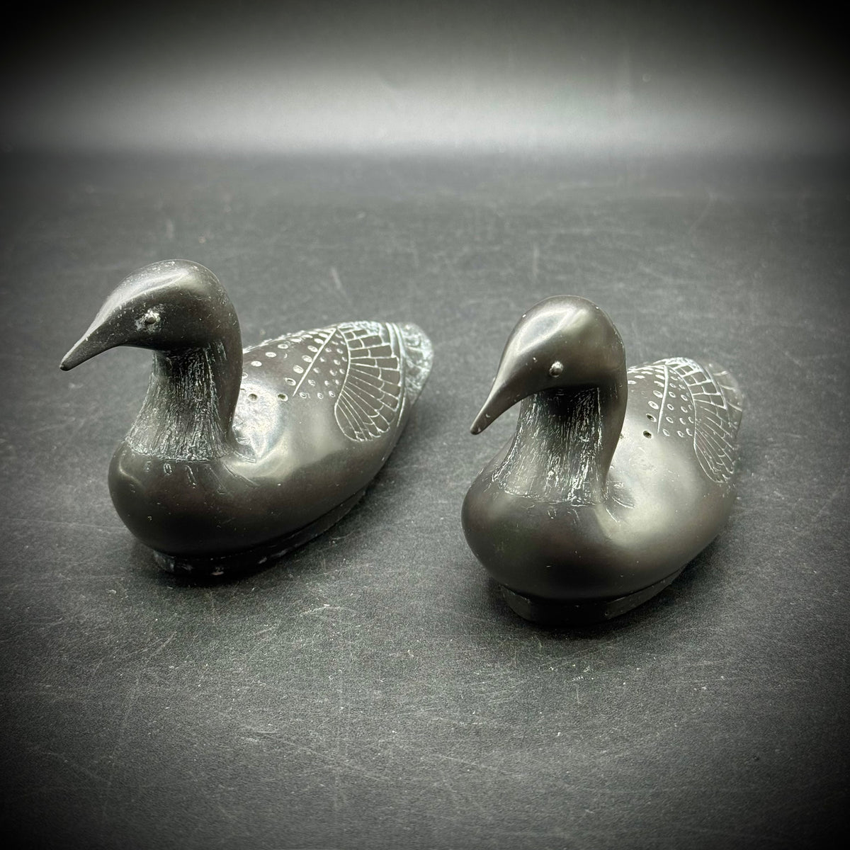 Pair of Native Folk Art Carved Pearlite Loons