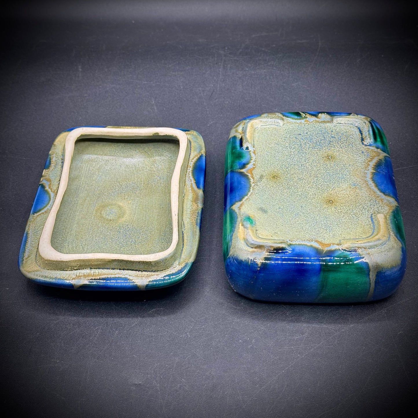 Large Ceramic Blue & Green Lidded Trinket Box