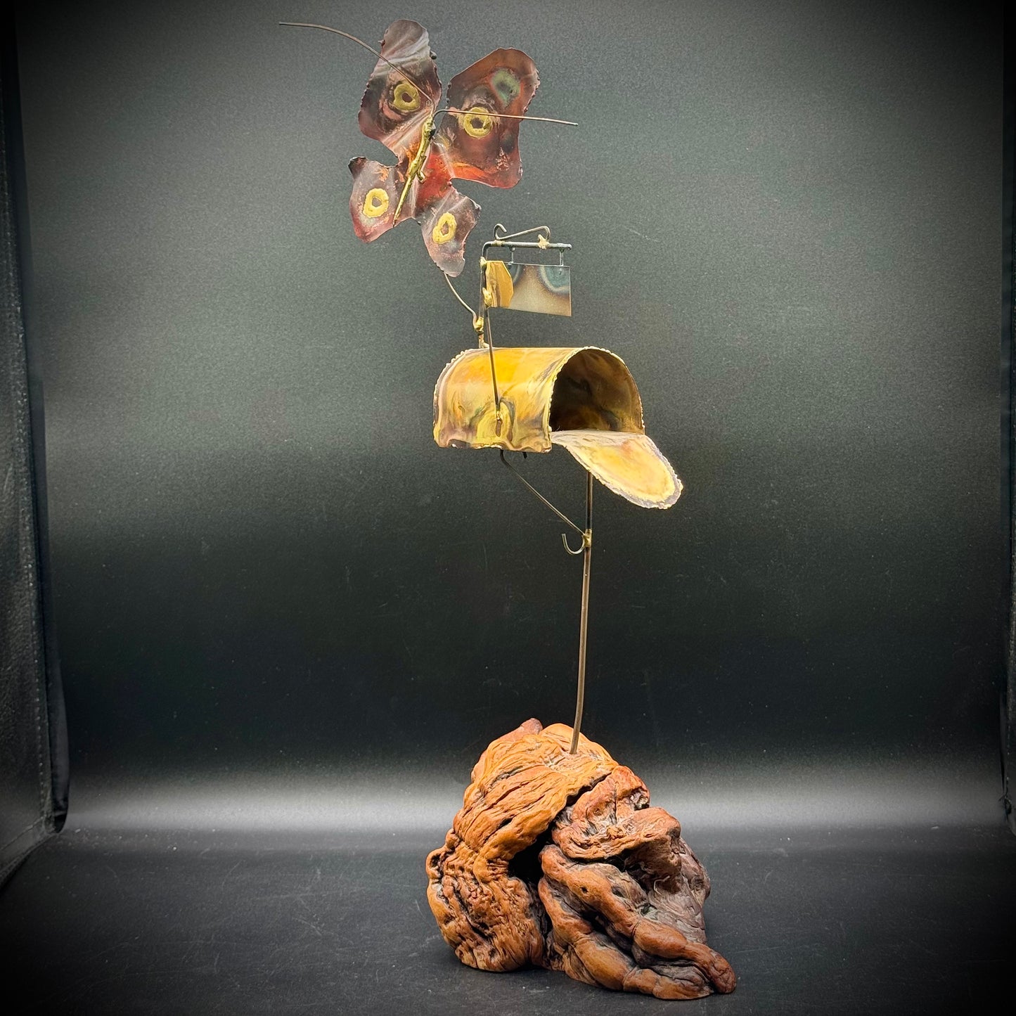 Vintage Curtis Jere Style MCM Butterfly & Mailbox Metal & Wood Sculpture