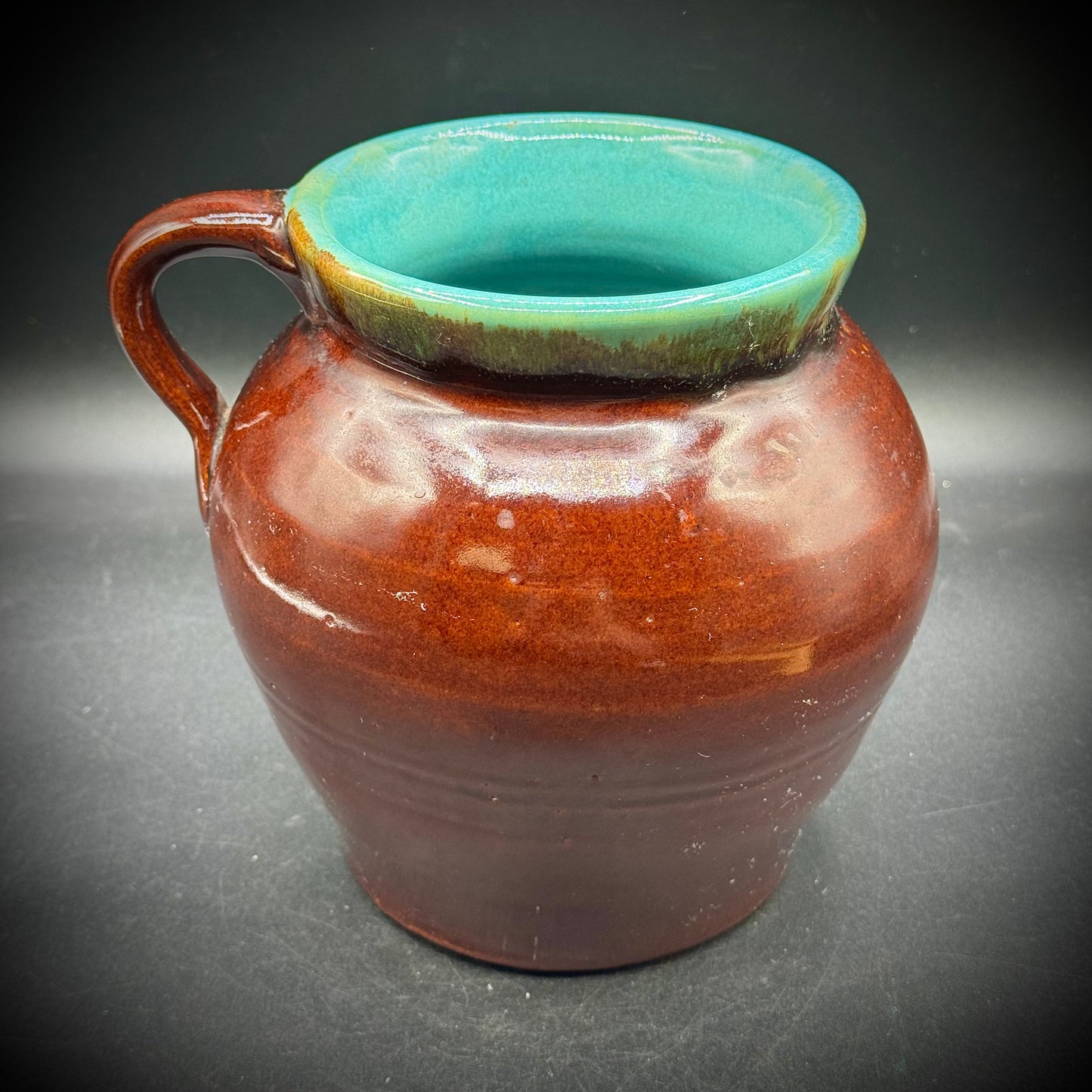 Brown & Blue Glaze Heavy Ceramic Handled Jug