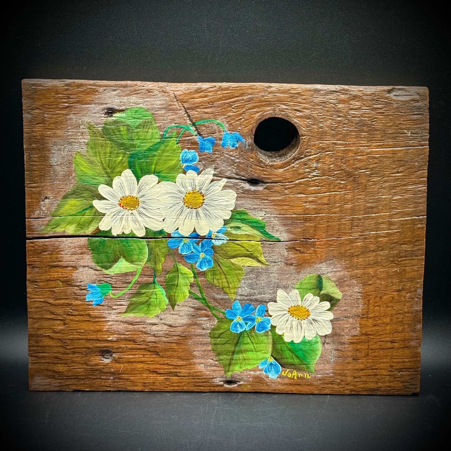 Artist JoAnn Ehlers Original Flowers on Wood with Natural Wood Knot