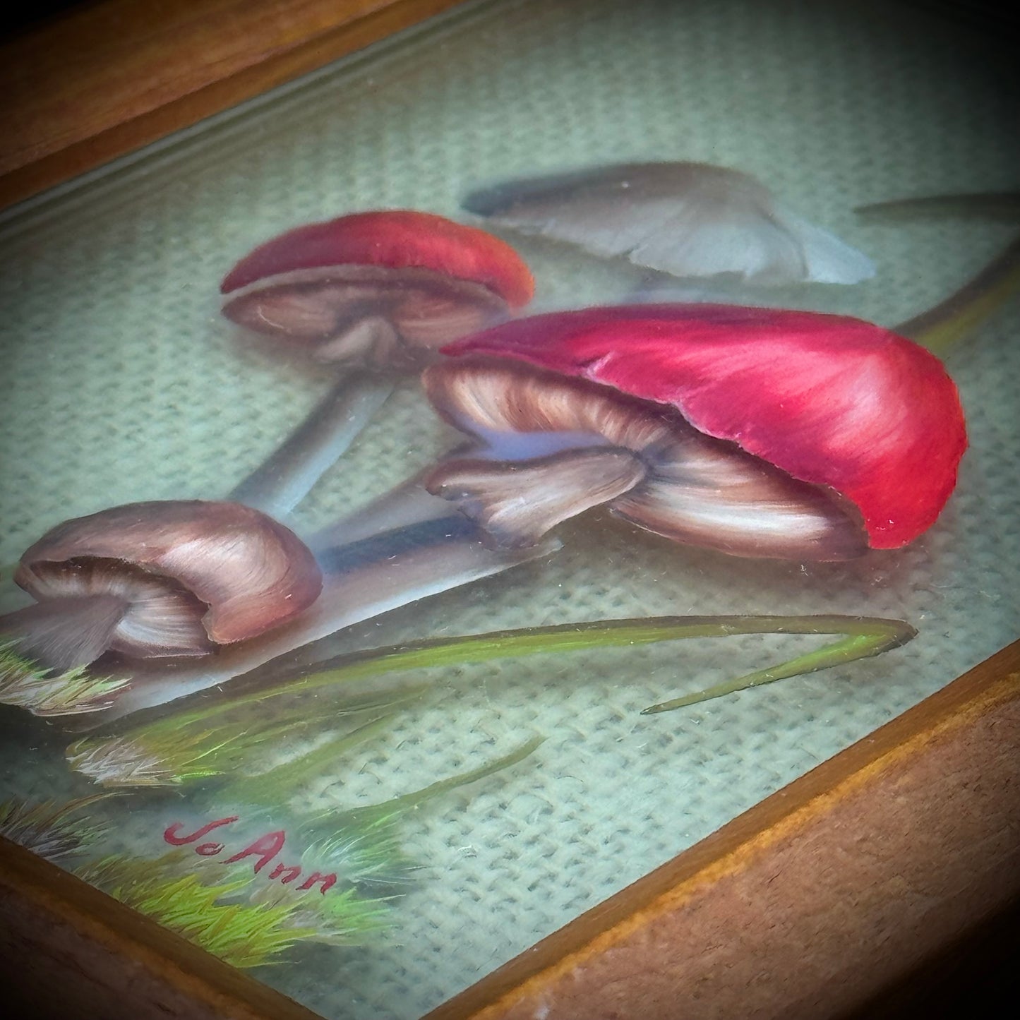 Artist JoAnn Ehlers 3D Mushroom on Glass Panes Framed Art