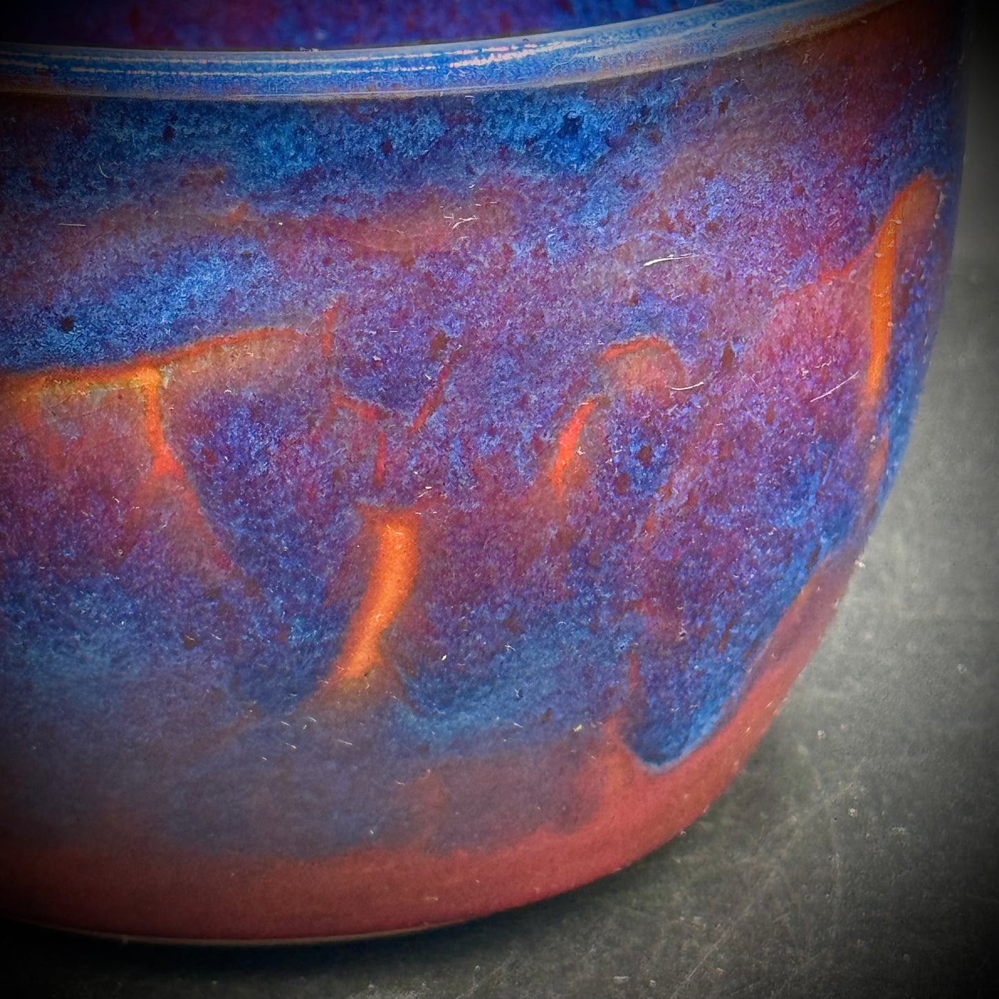 Blue Orange Glazed Hand Thrown Artist Signed Pot