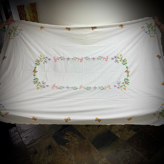 Large Vintage Hand Embroidered Linen Floral & Butterfly Motif Tablecloth