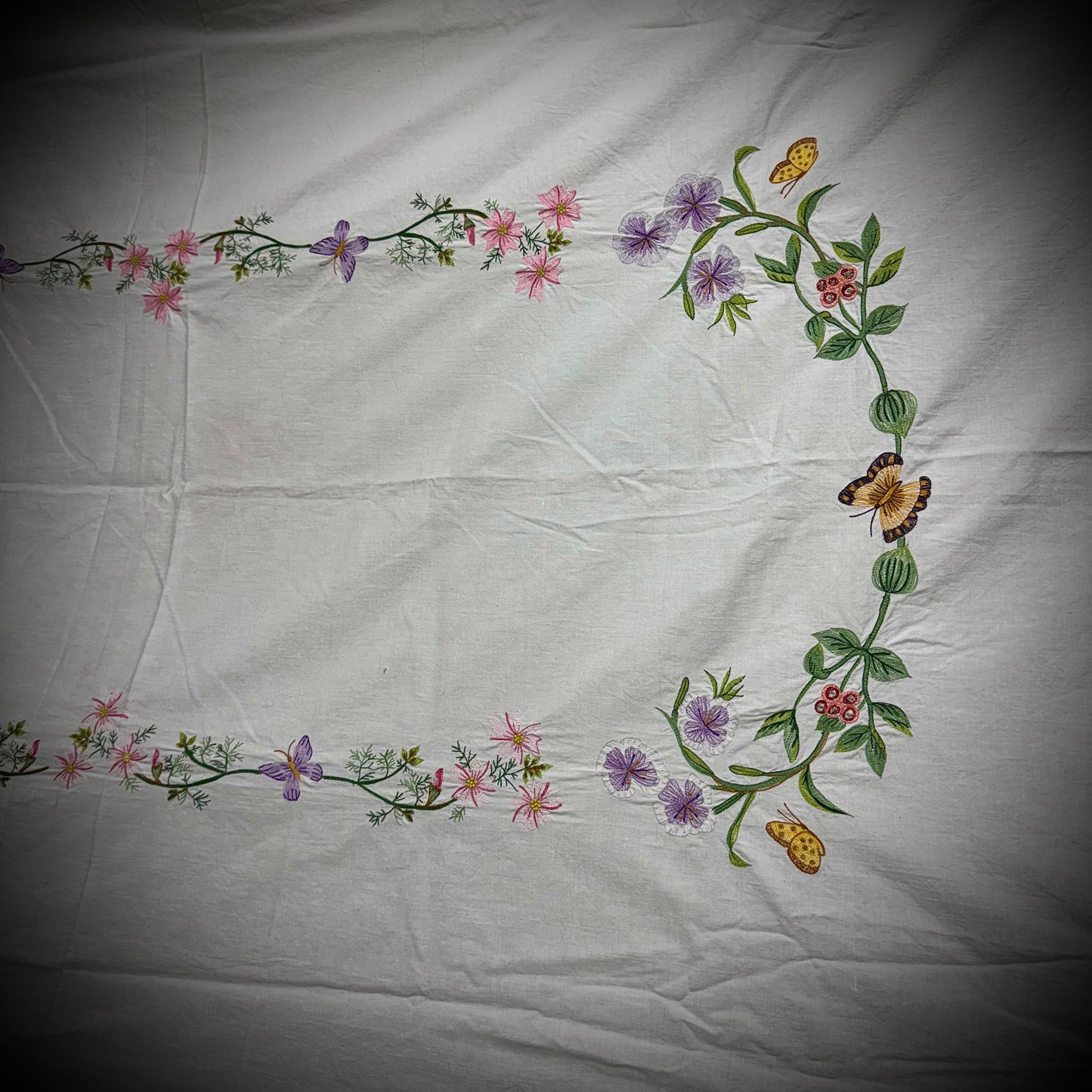 Large Vintage Hand Embroidered Linen Floral & Butterfly Motif Tablecloth