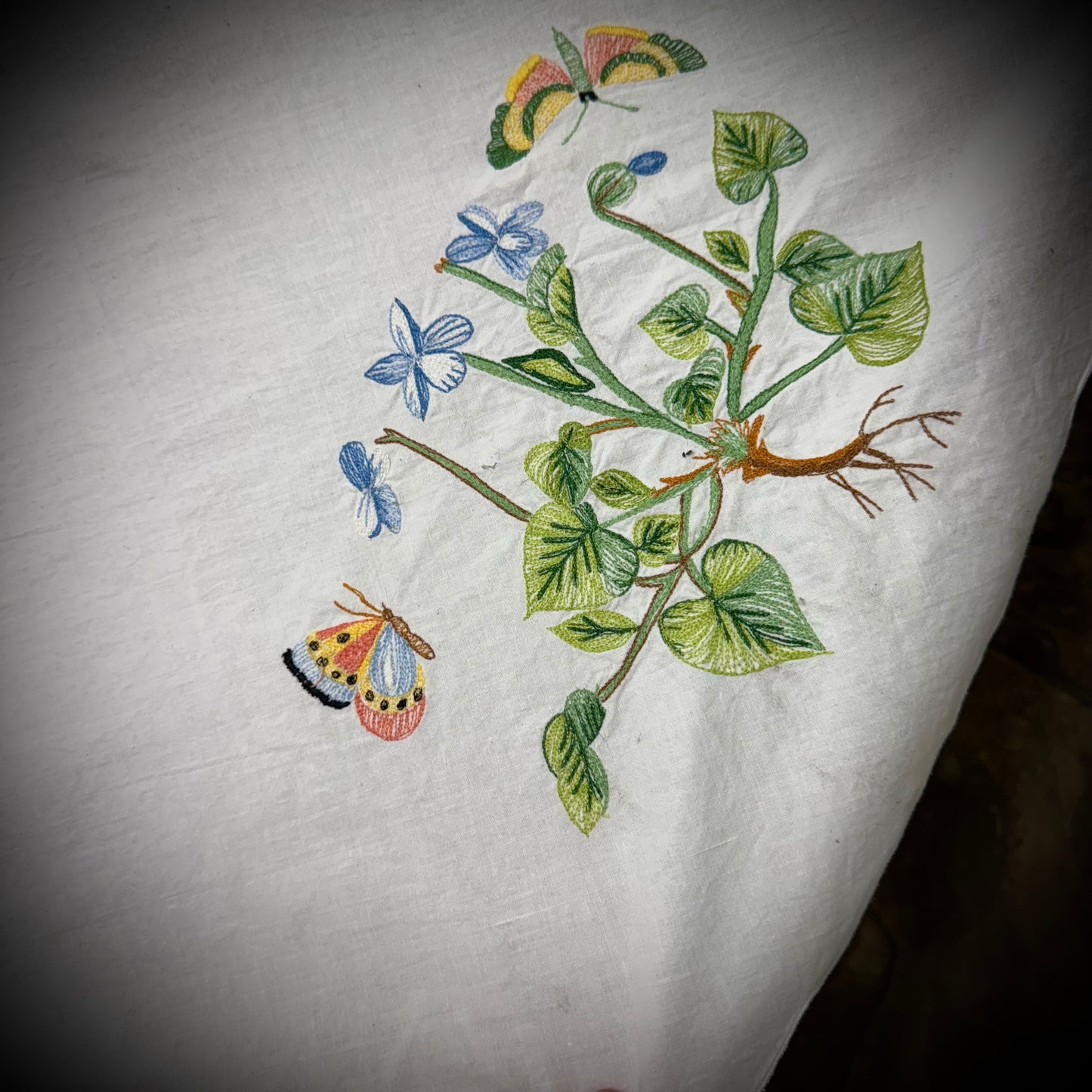 Large Vintage Hand Embroidered Linen Floral & Butterfly Motif Tablecloth