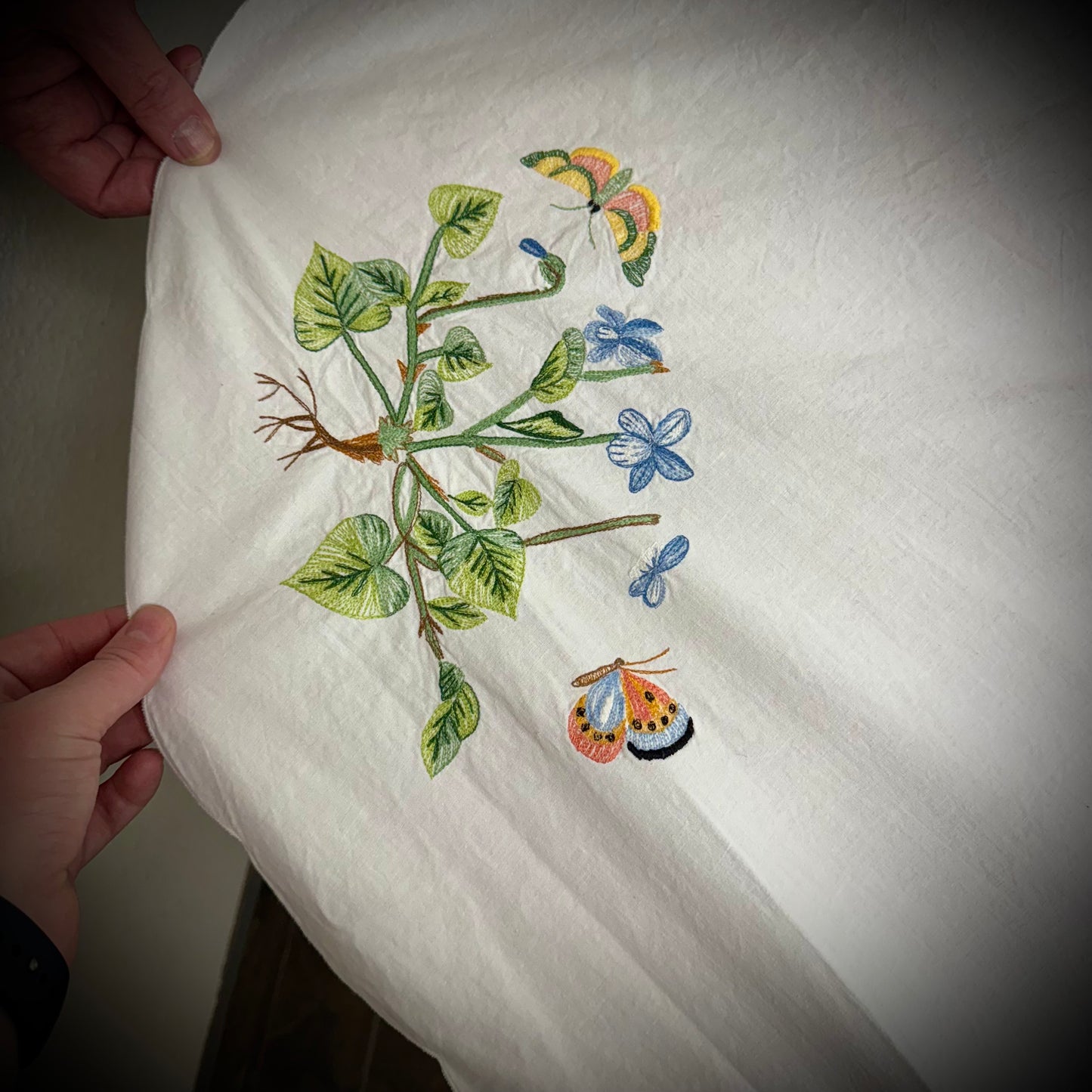 Large Vintage Hand Embroidered Linen Floral & Butterfly Motif Tablecloth