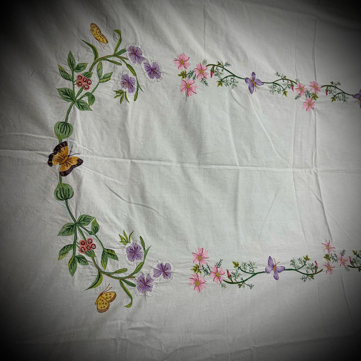 Large Vintage Hand Embroidered Linen Floral & Butterfly Motif Tablecloth