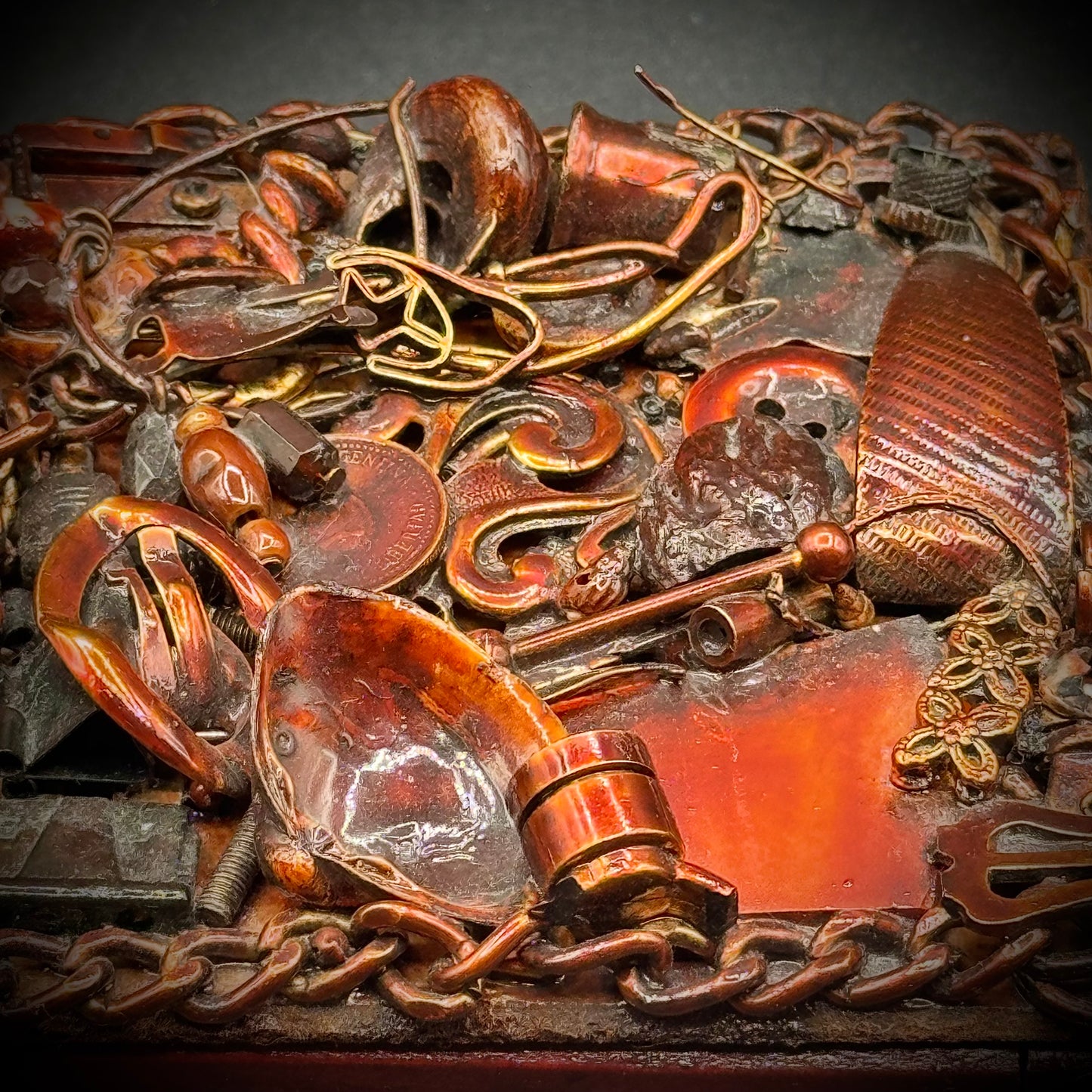 Dense Copper Folk Art Assemblage Trinket Box Made in Uruguay
