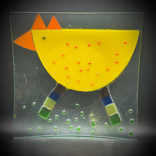 Fused Art Glass Convex Dish with Chicken Motif