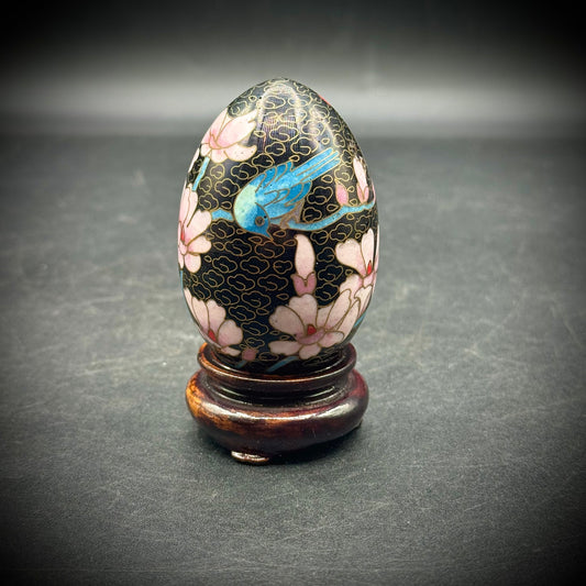 Cloisonné Egg with Bird & Flower Motif on Wood Base