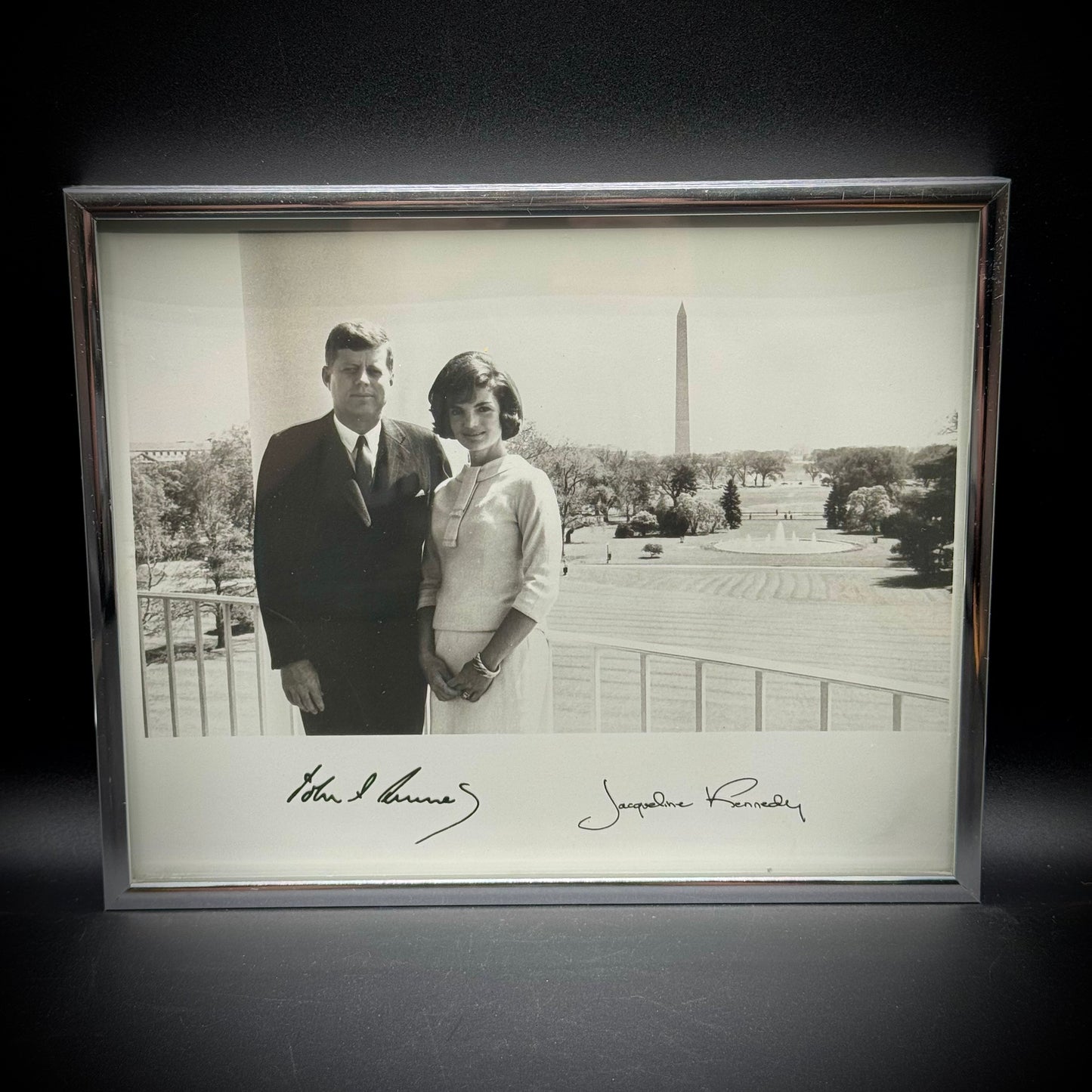 Vintage 1960s Black & White JFK & Jackie Facsimile Signature Photo in Silver Tone Frame