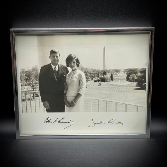 Vintage 1960s Black & White JFK & Jackie Facsimile Signature Photo in Silver Tone Frame