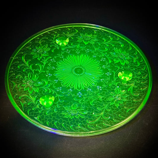 Vintage Round Footed Glowing Uranium Glass Cake Stand