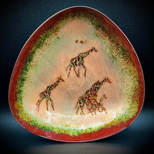 Joel Sansone Artist Signed Enamel on Copper Giraffe Dish