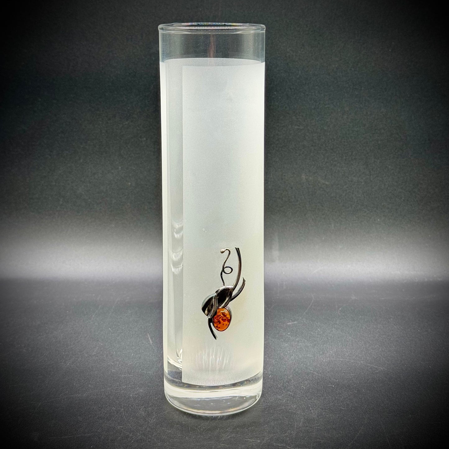 Dukat Polish Tall Glass Vase with .925 Sterling Silver & Baltic Amber