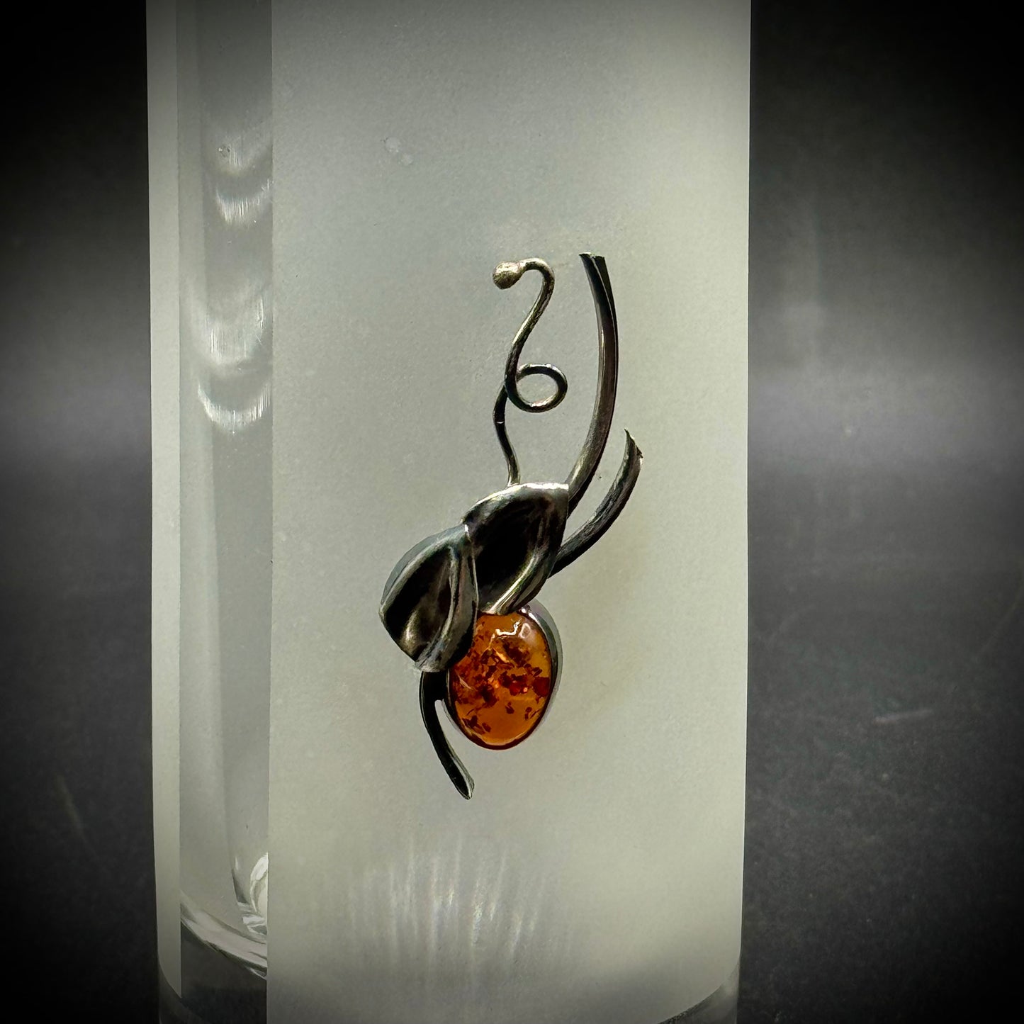 Dukat Polish Tall Glass Vase with .925 Sterling Silver & Baltic Amber