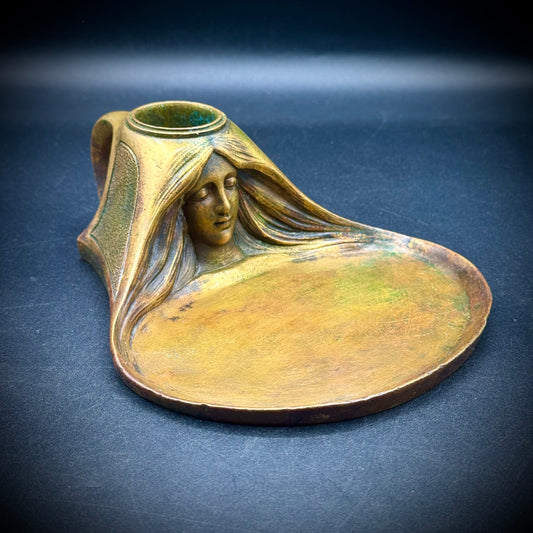Stunning Antique Art Nouveau Bronze Ink Well with Beautiful Woman's Face