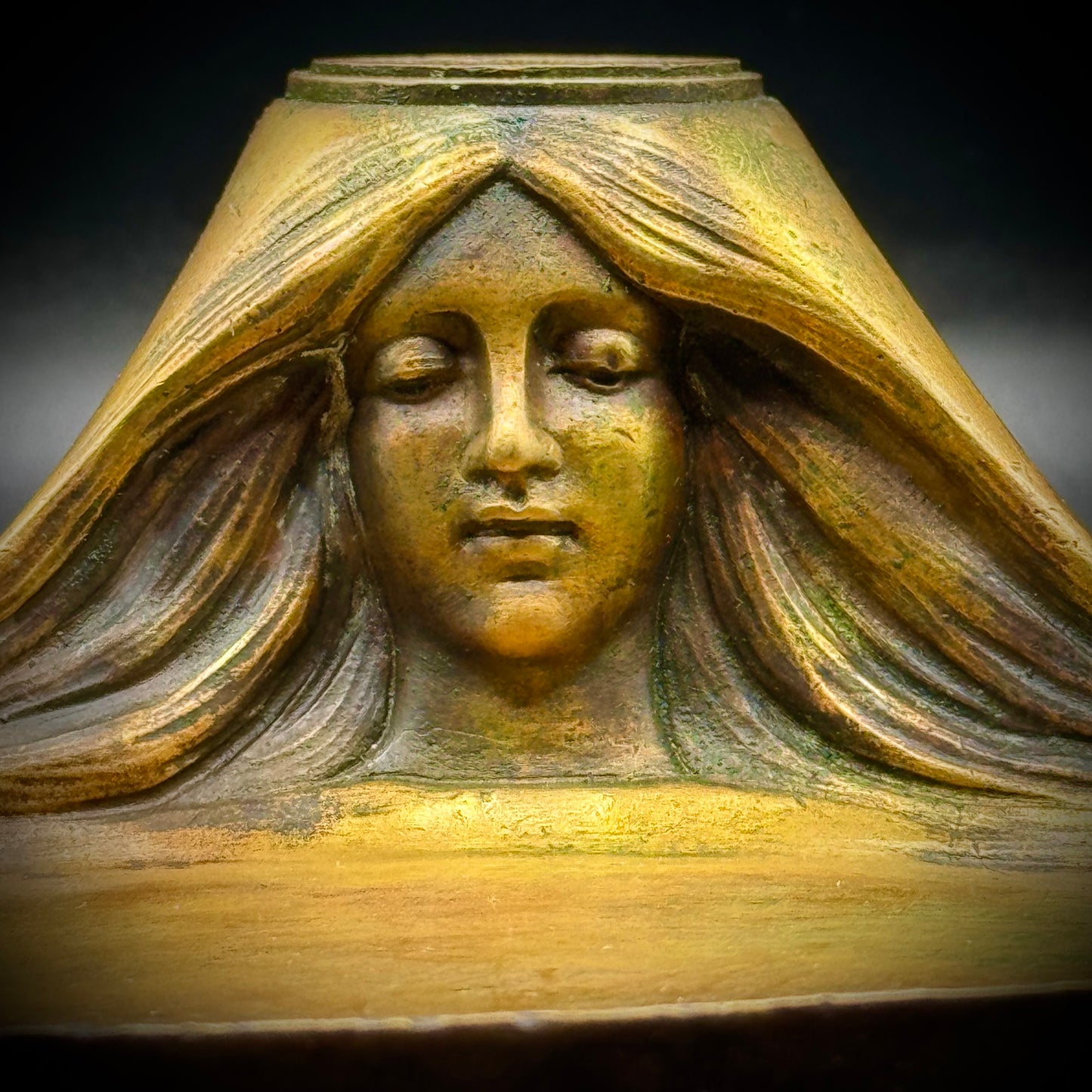 Stunning Antique Art Nouveau Bronze Ink Well with Beautiful Woman's Face