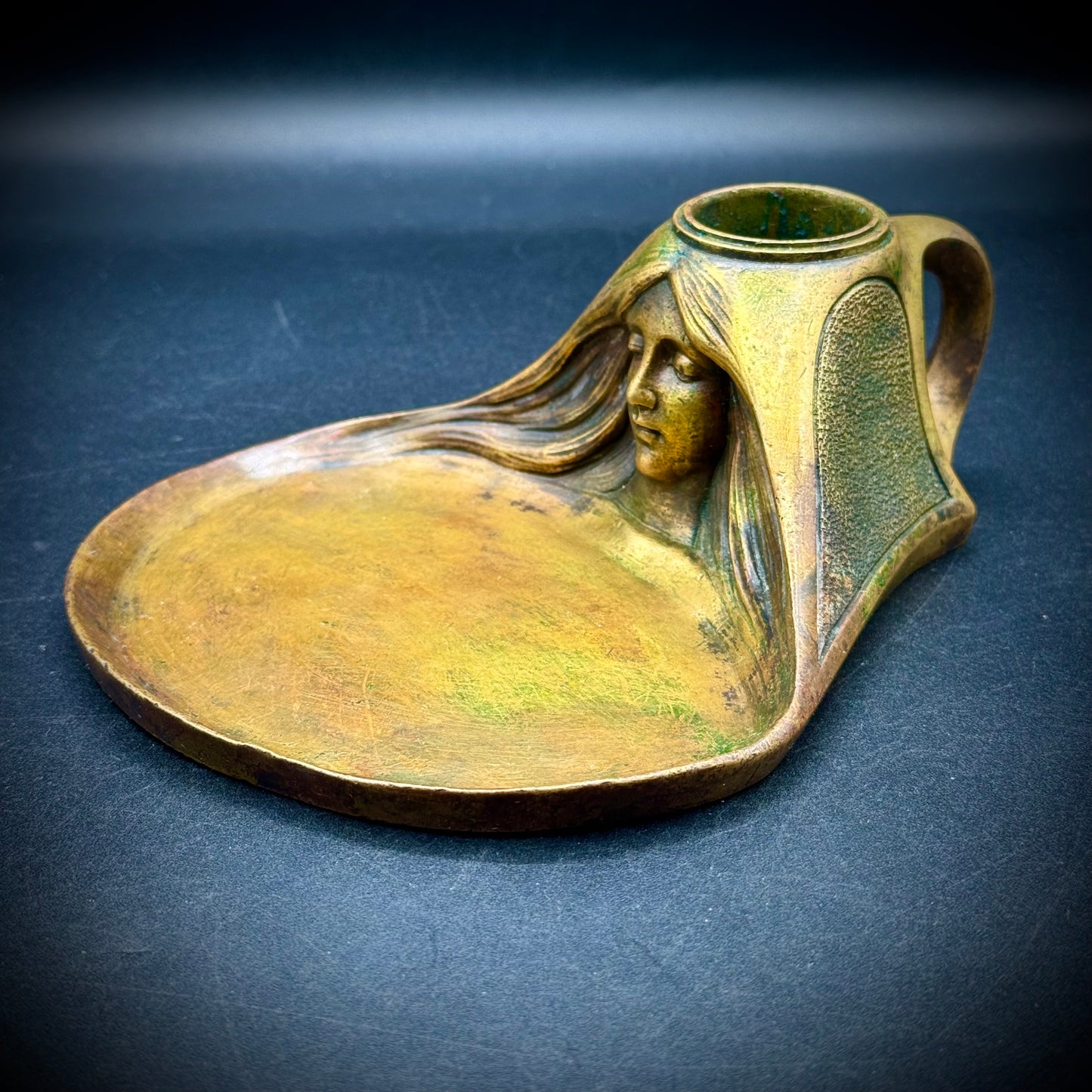 Stunning Antique Art Nouveau Bronze Ink Well with Beautiful Woman's Face