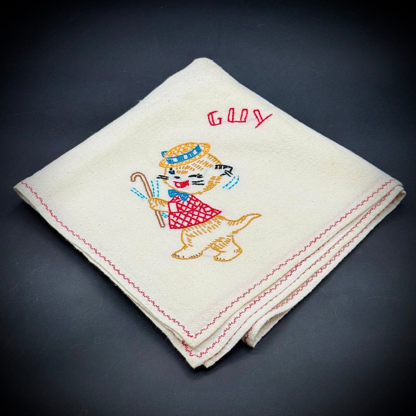 Vintage Hand Embroidered Tablecloth "Guy The Vaudeville Cat"