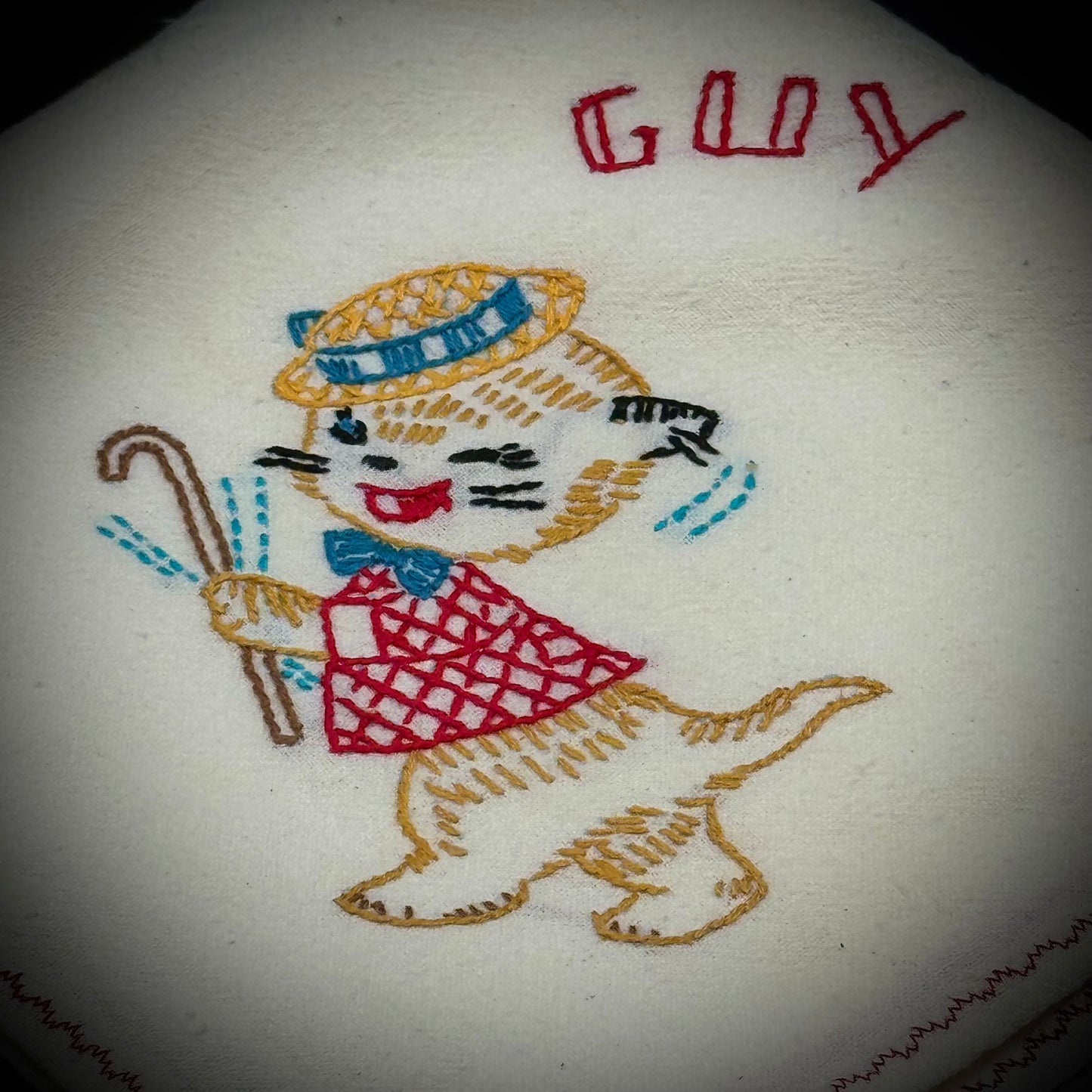 Vintage Hand Embroidered Tablecloth "Guy The Vaudeville Cat"