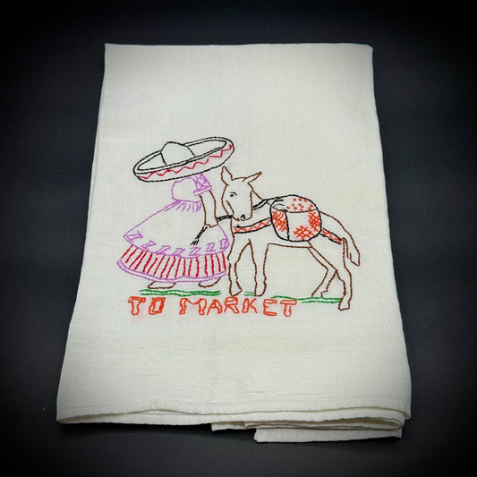 Vintage Hand Embroidered Small Tablecloth "To Market"