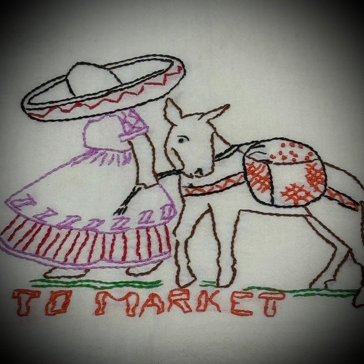 Vintage Hand Embroidered Small Tablecloth "To Market"