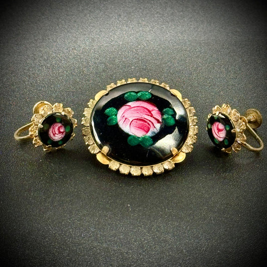 Vintage Black Rose Enamel Guilloche Pin & Earrings Set