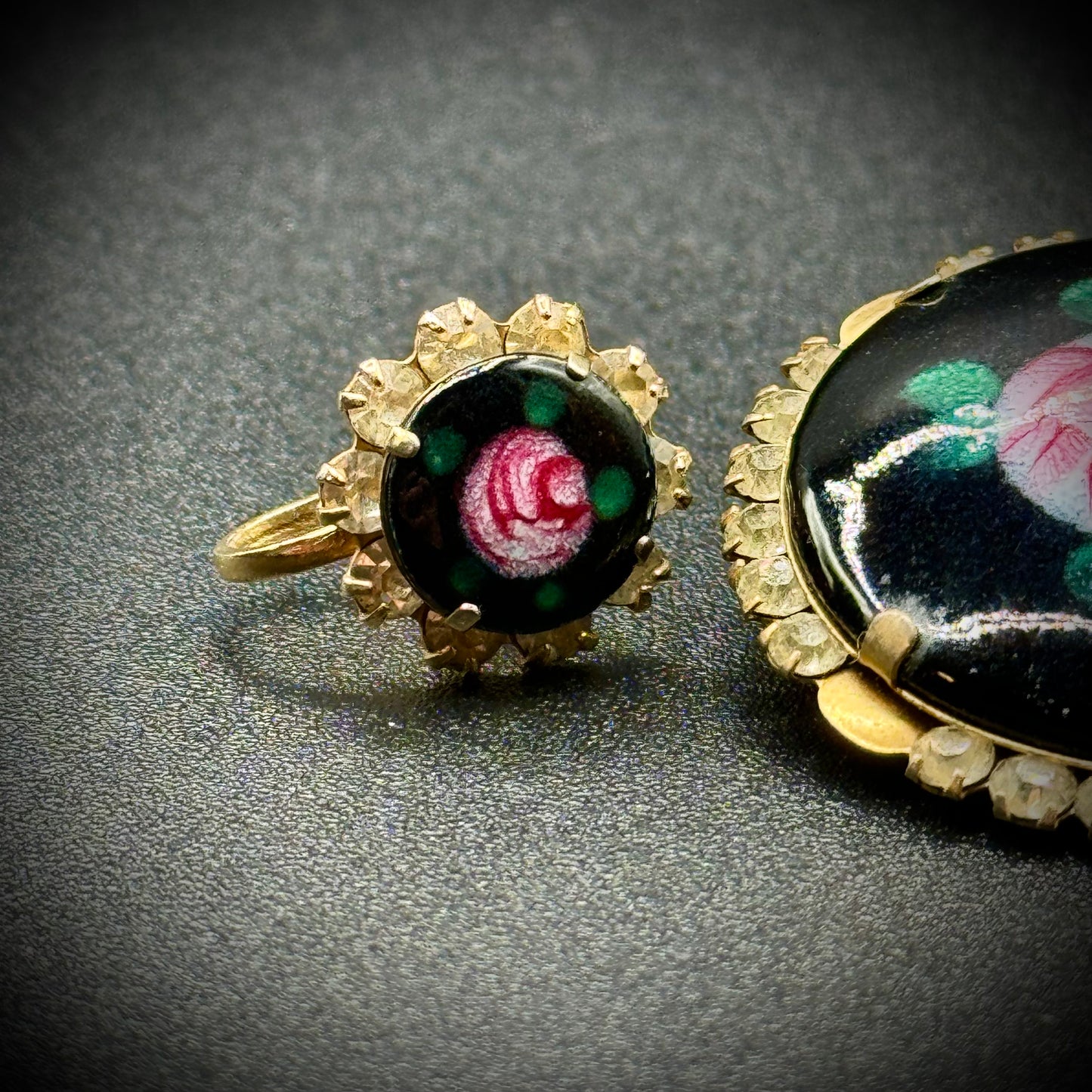 Vintage Black Rose Enamel Guilloche Pin & Earrings Set