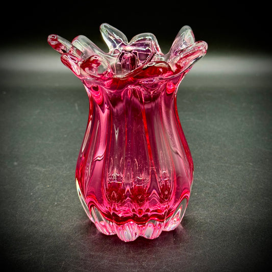 Chribska Hand Made Cranberry Red & Clear Glass Vase