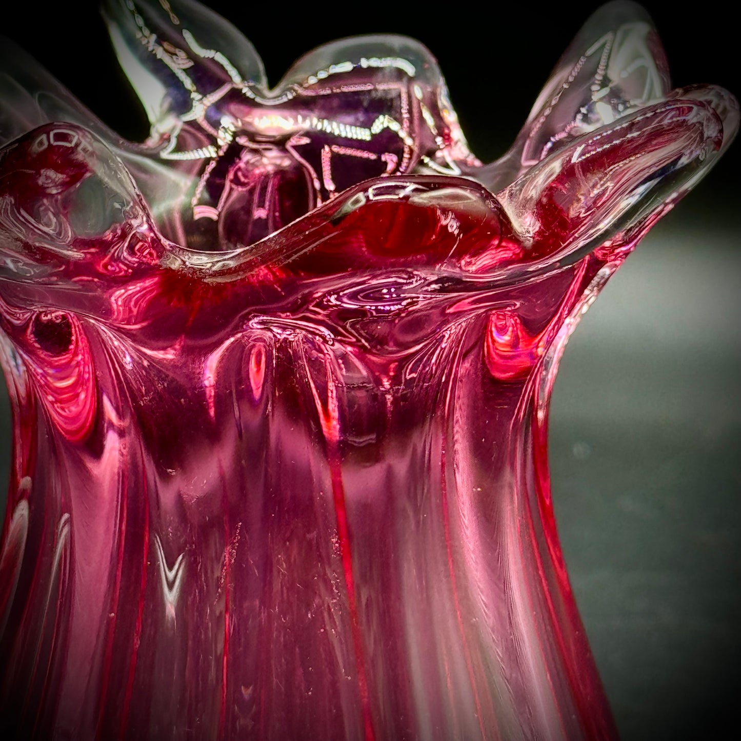 Chribska Hand Made Cranberry Red & Clear Glass Vase