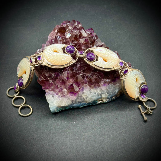 RARE Sajen 925 Sterling Silver Carved Mother of Pearl Fish & Amethyst Gemstone Bracelet