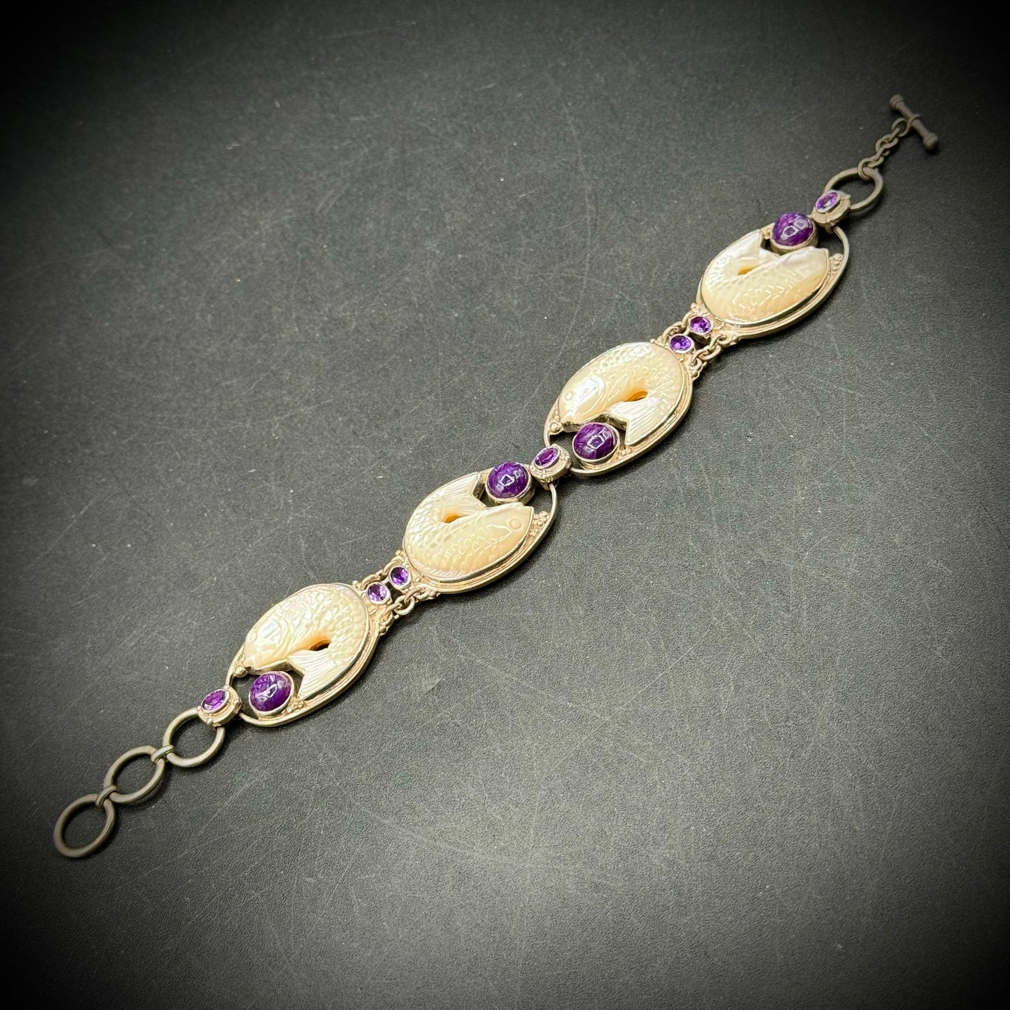 RARE Sajen 925 Sterling Silver Carved Mother of Pearl Fish & Amethyst Gemstone Bracelet