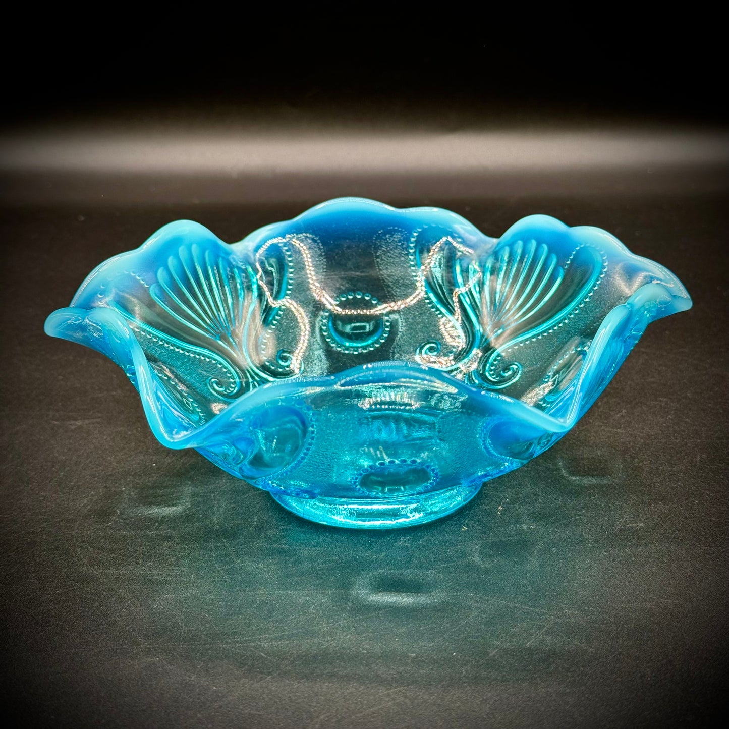 Vintage Jefferson Glass Blue Opalescent Dish