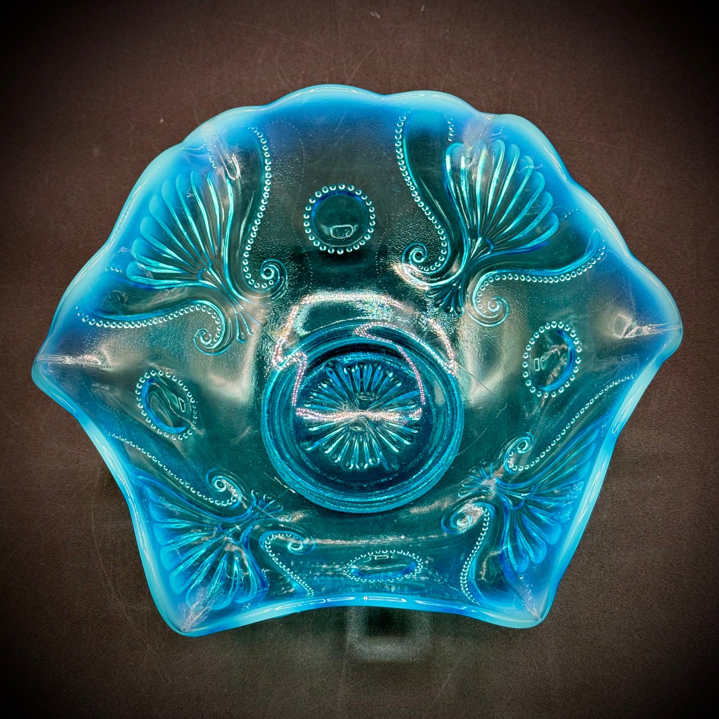 Vintage Jefferson Glass Blue Opalescent Dish