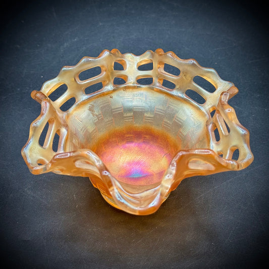 Vintage Fenton Marigold Carnival Glass Open Edge Basket Weave Bowl