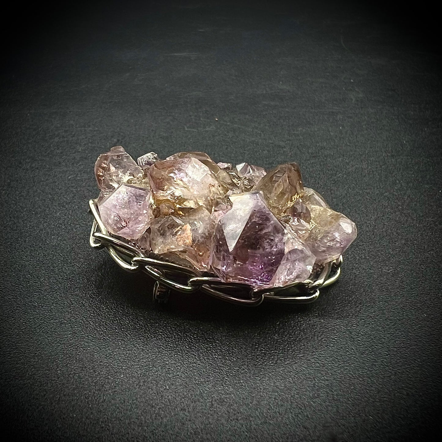 Natural Amethyst & Citrine Crystals Beautifully Set in Brooch