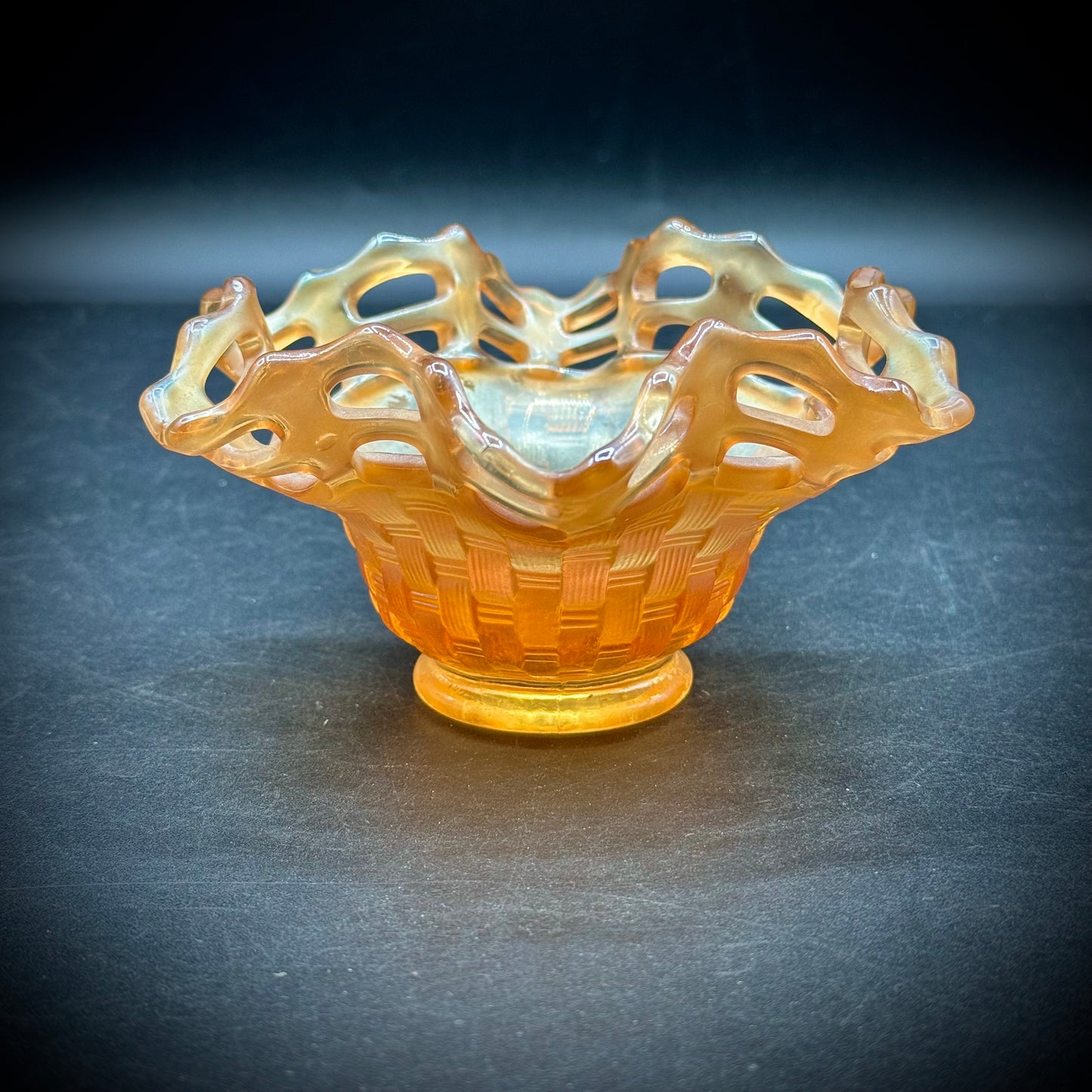 Vintage Fenton Marigold Carnival Glass Open Edge Basket Weave Bowl