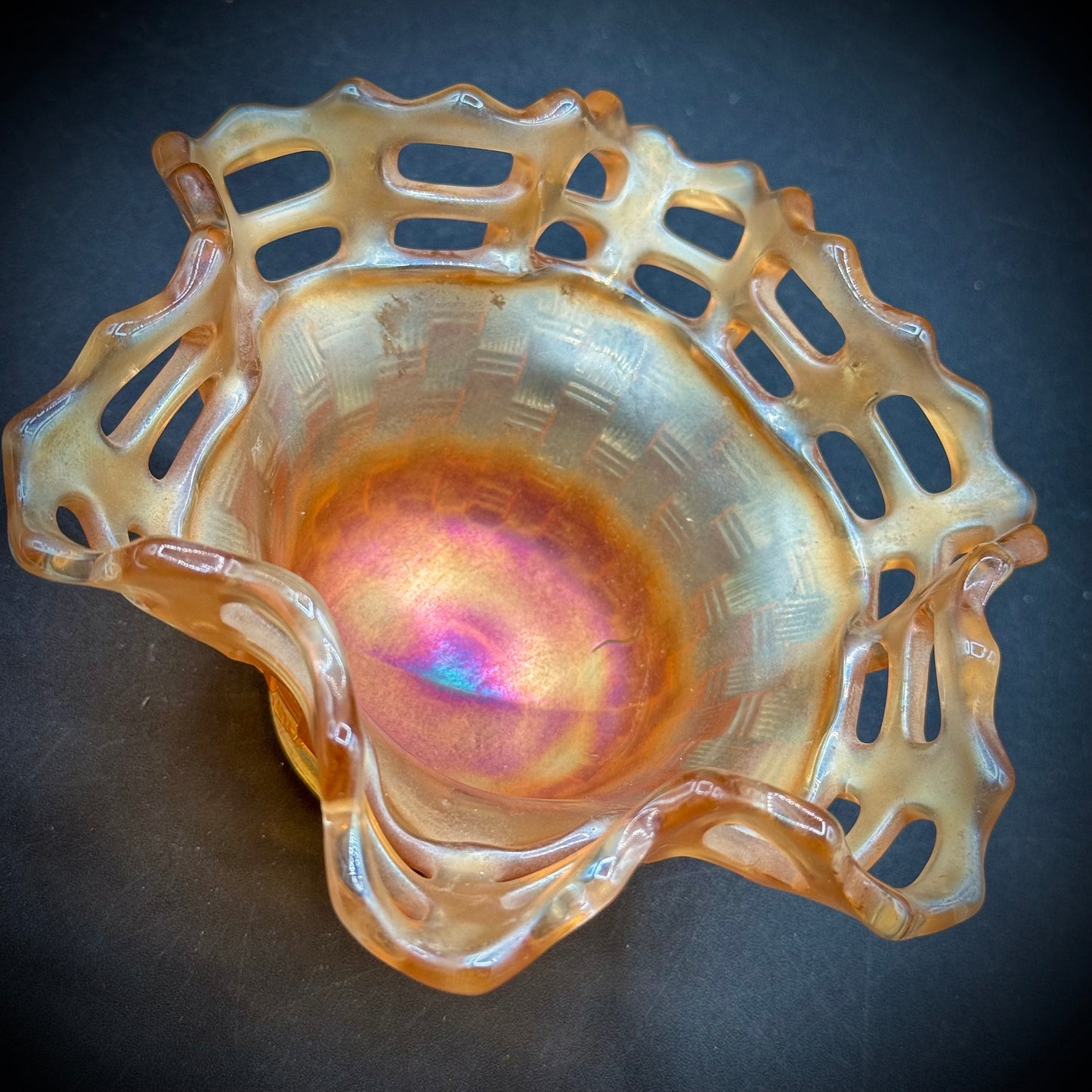 Vintage Fenton Marigold Carnival Glass Open Edge Basket Weave Bowl