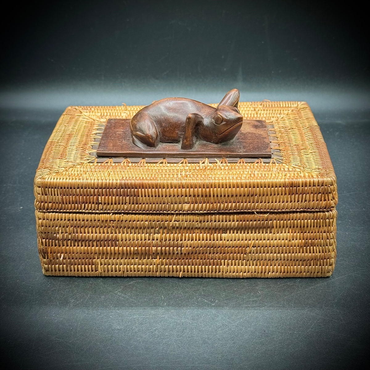 Vintage Rattan Woven Box with Hand Carved Wood Frog & Accents - Made in Indonesia