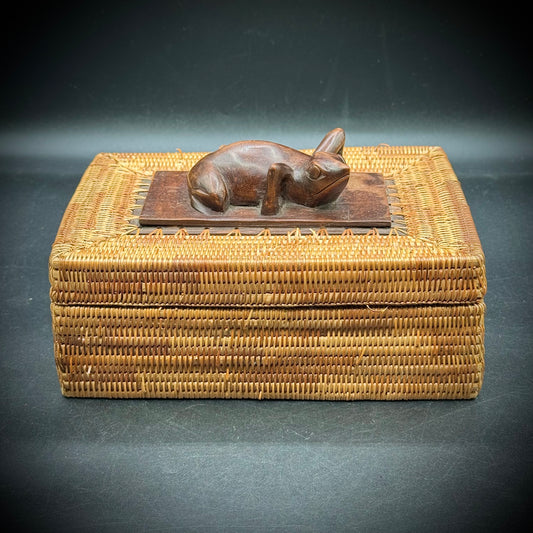 Vintage Rattan Woven Box with Hand Carved Wood Frog & Accents - Made in Indonesia