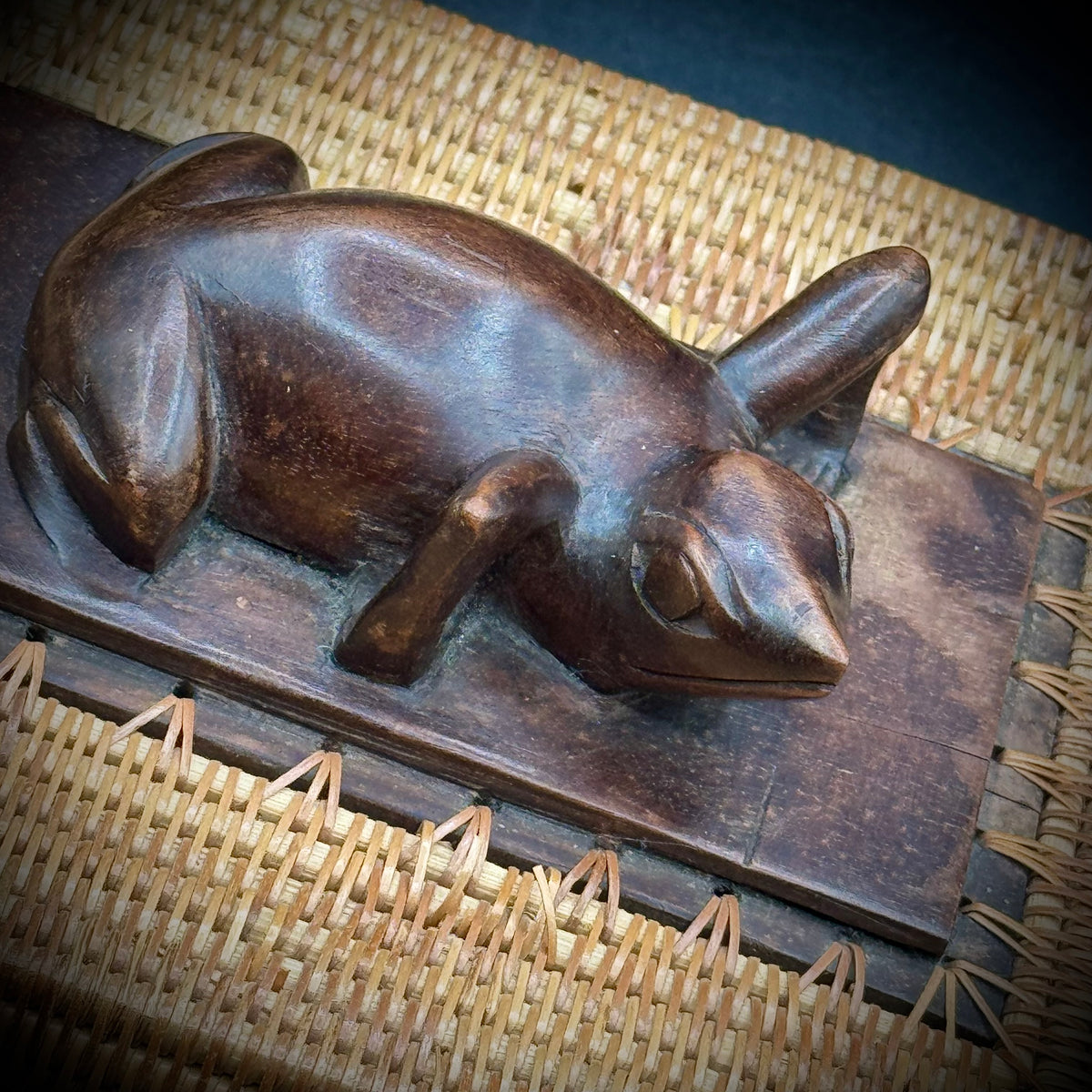 Vintage Rattan Woven Box with Hand Carved Wood Frog & Accents - Made in Indonesia