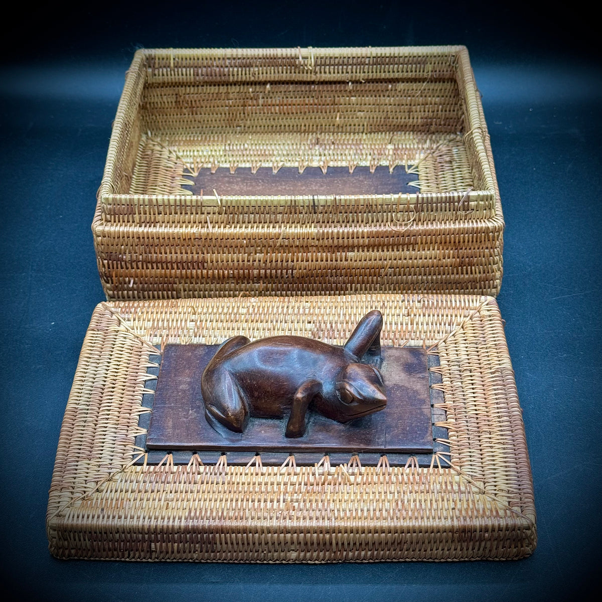 Vintage Rattan Woven Box with Hand Carved Wood Frog & Accents - Made in Indonesia